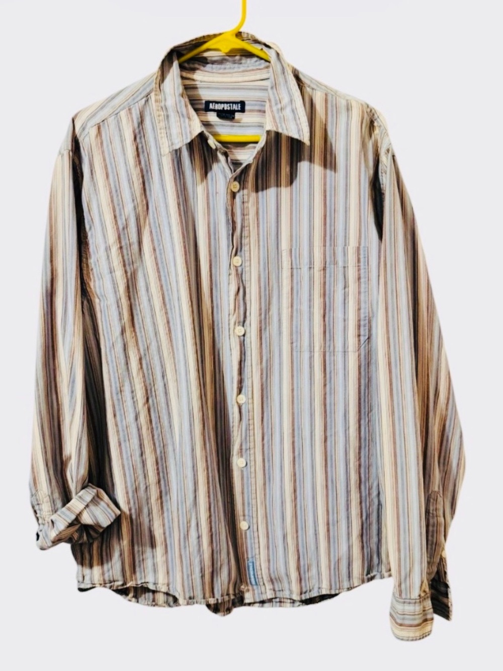 Aeropostale VTG 100% Cotton Men's Vertical Striped Shirt - Blue, Tan & Cream
